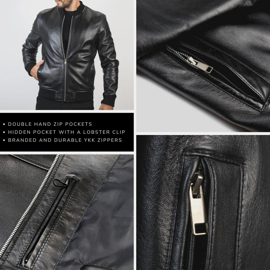 Men's Black Moto Racer Leather Jacket - Original Bomber Pilot Sheepskin Ribbed Leather Jacket-Leather Planet